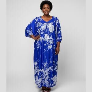 Vintage Visions Floral Print Kaftan Hawaiian House Dress Womens Size 3X Blue USA